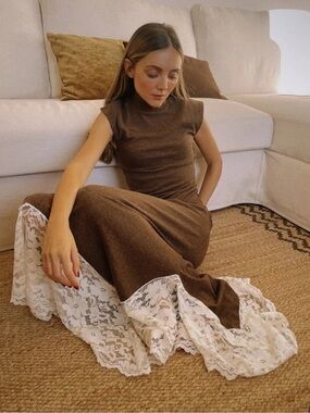 Zara Brown Knit Lace Trim Maxi Dress – Size Small